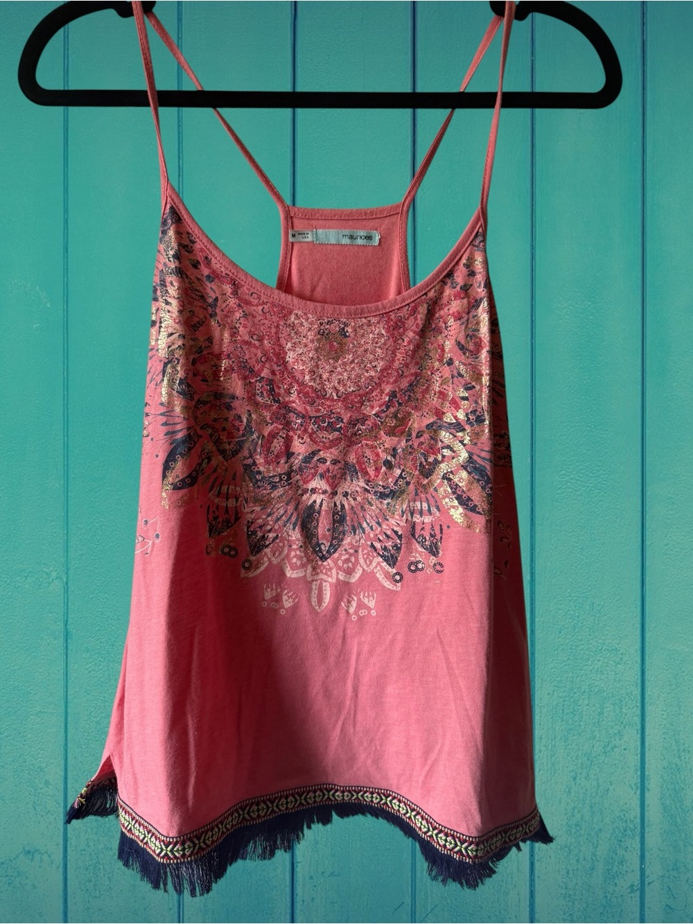 Maurices Coral Pink Boho Mandala Fringe Tank | SZ Med | like new | 51% Cotton